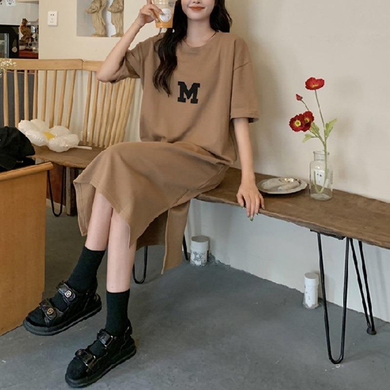 New Summer Large-size Women's Clothing Fat Mm Loose Belly Covering Bottom Shirt for Women Looking Slim Long Over-knee T-shirt Dress