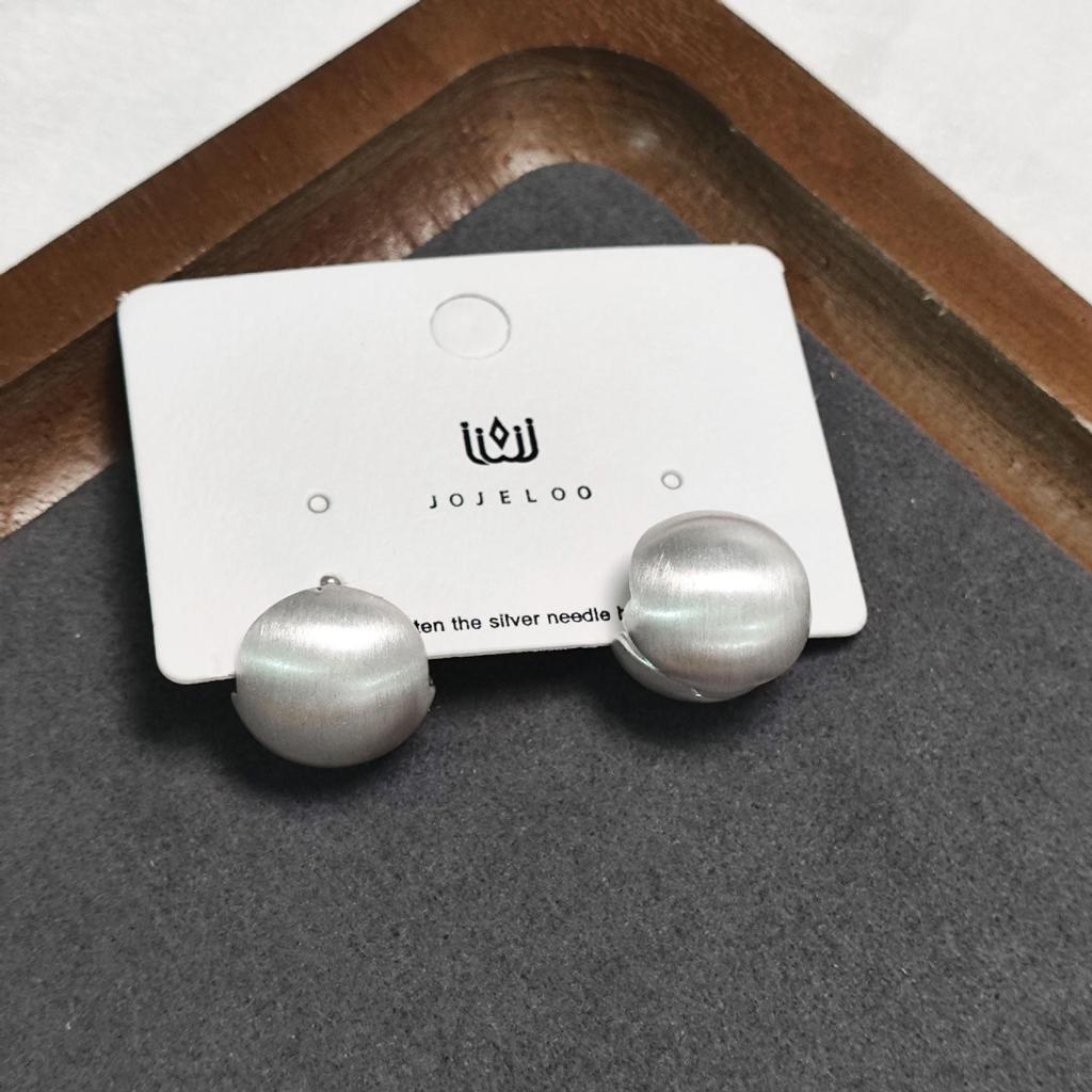 925 Silver Brushed Matte Round Ball Stud Earrings - Retro Hong Kong Style