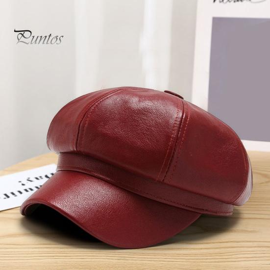 Women Beret Hat Spring Summer Retro Solid Color Faux Leather Short Brim Decorative Sun Protection Anti-UV Breathable Lady Painter Unisex Octagonal Cap