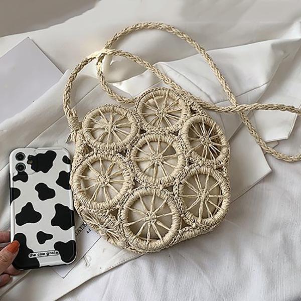 Yogodlns Handmade Summer Beach Women Straw Shoulder Bag Ladies Round Hollow Travel Daily Woven Handbag Holiday Knit Cotton Linen