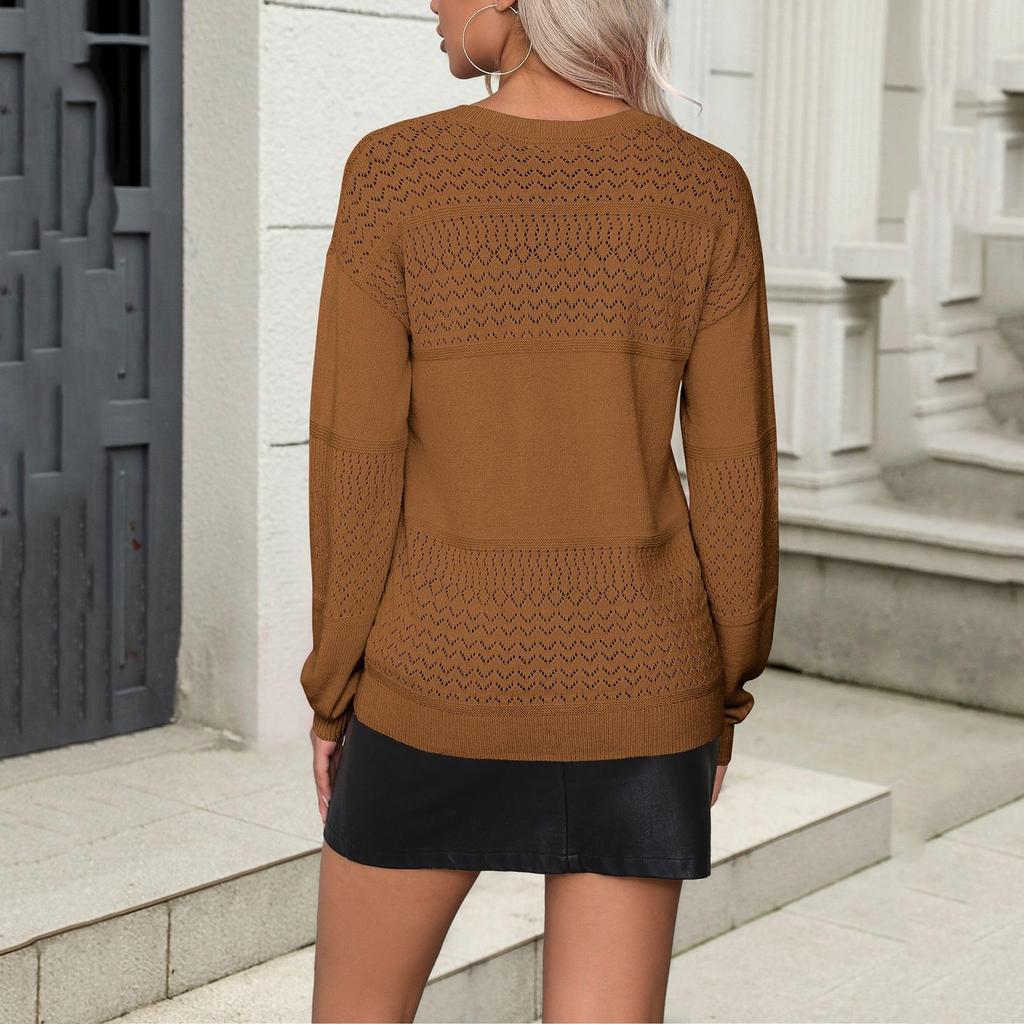 Women's Loose Knitted Sweater With V-Neck Hollowed Out Pullover Long Sleeved Color Top