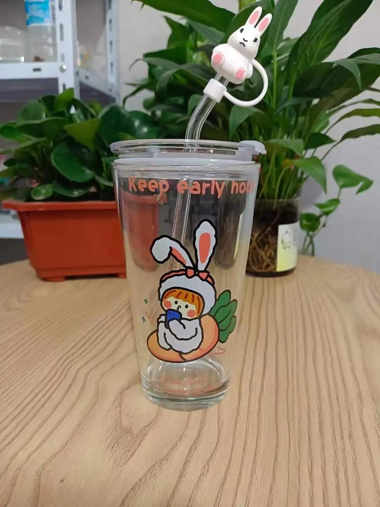 New 480ML Kawaii Glass Straw Cup with Cover Cartoon Water Cup Drinkware Juice Tea Coffee Milk Cup Glass Mugs Gift