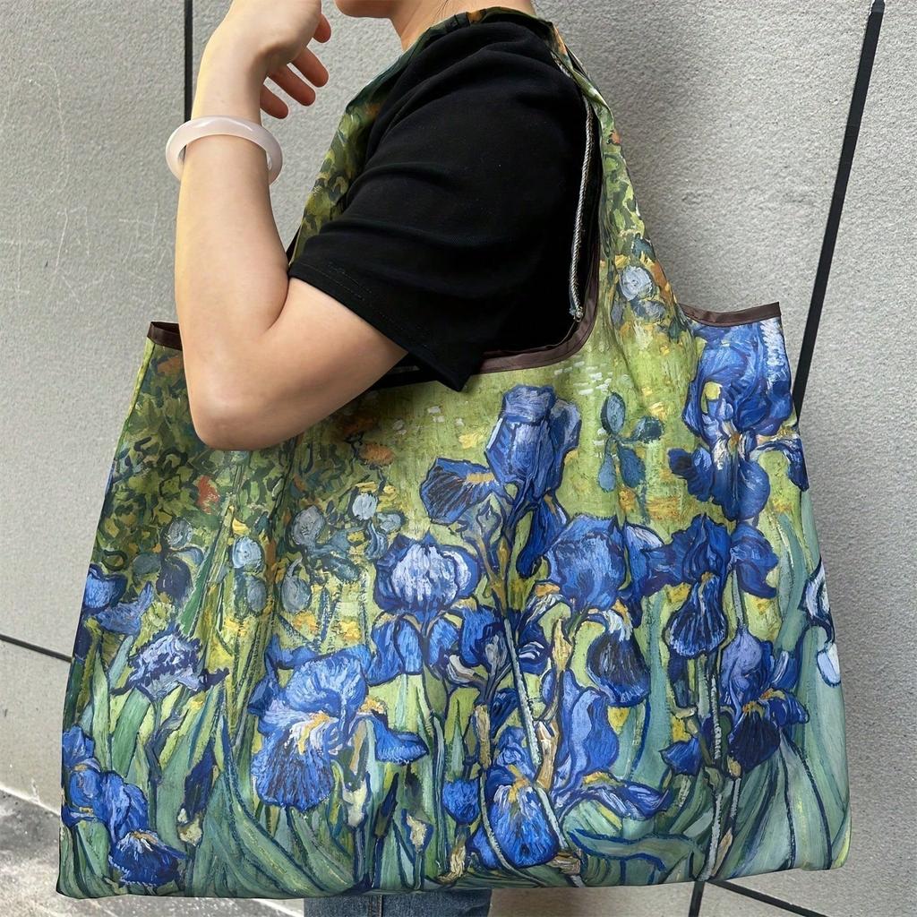 Chic Oil Painting Design Reusable Tote Bag - Durable, Foldable & Washable Nylon Shopping Bag With Large Capacity