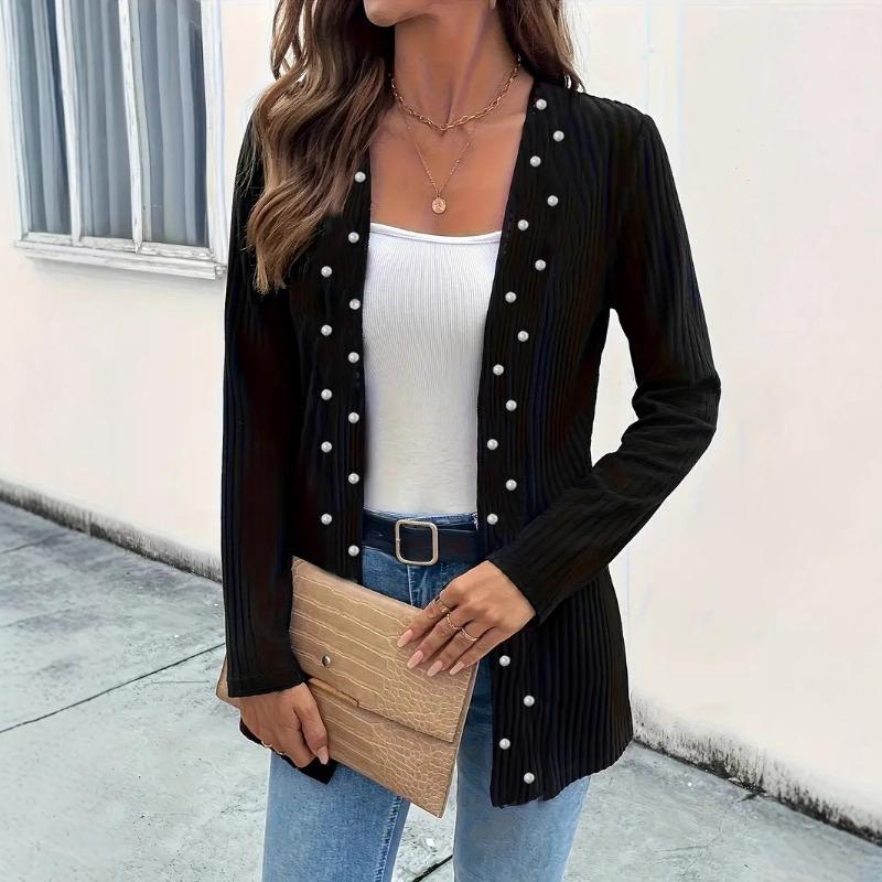 New Spring and Autumn Women's Elegant Beaded Long-sleeved Casual Knitted Cardigan Jacket