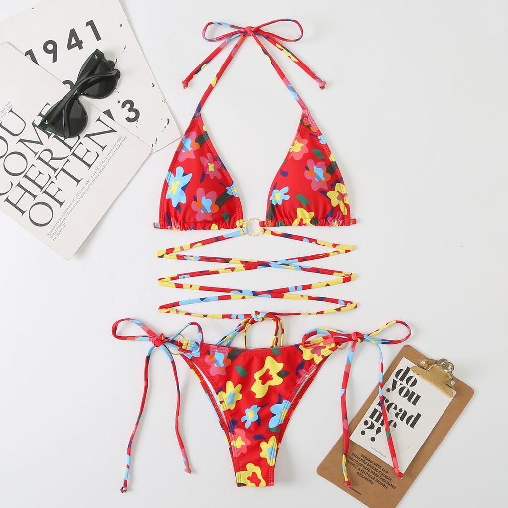 Women's Sexy Multi-Color Digital Print Lace-Up Bikini Swimwear