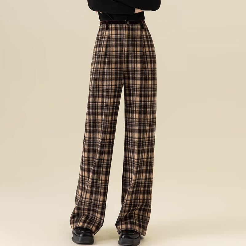 Fanzhen Women's Autumn/Winter Retro Plaid Wide-Leg Woolen Trousers