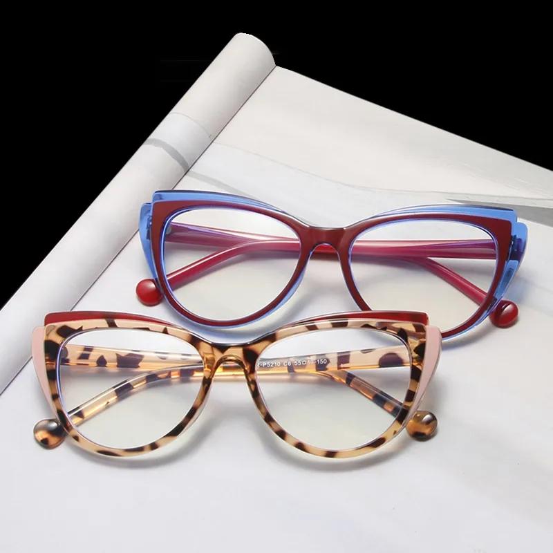 Fashion Retro Two Color Splicing Optical Spectacle Frame Women Cat Eye Plastics Frame Anti Blue Light Glasses