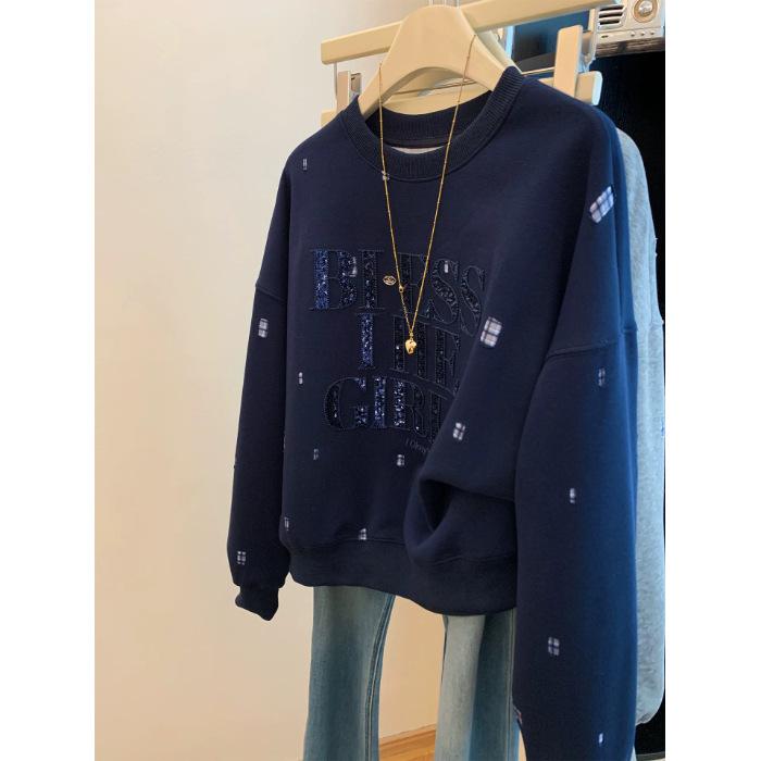 Pulovr s kulatým výstřihem s vyšívanými flitrovanými písmeny a fleecovou kapucí, tenký, ležérní a volný top pro ženy na jaro a podzim