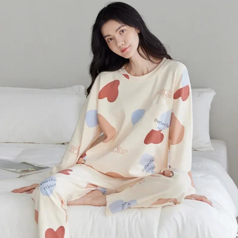 2Pcs/Set Spring and Autumn Women Pajamas Cute Floral Cotton Cartoon Long-Sleeved Clothing Korean Elastic HomeWear