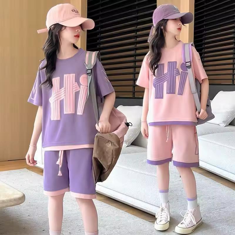 Girls' Summer Sports Set: Medium-Large Kids' Short-Sleeve Crew Neck T-Shirt + Shorts Casual Two-Piece Set