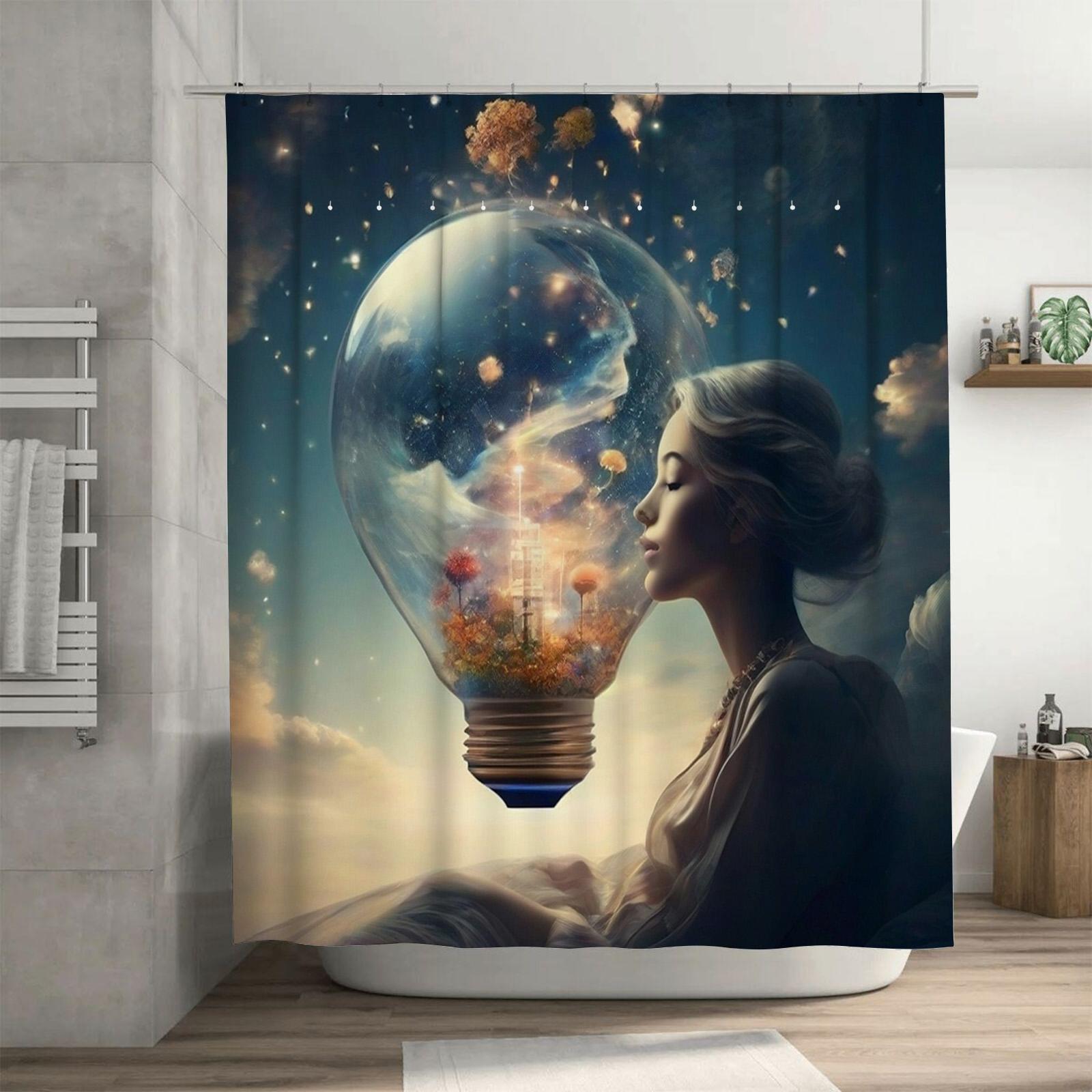 

Surreal Woman With Dreamy Lightbulb Shower Curtain - Waterproof, Mildew-Resistant, Machine Washable For Artistic Bathroom Decor W60H190(CM)-1 Pcs