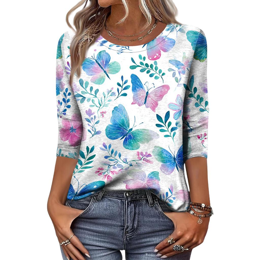 Women Casual Round Neck Three Quarter Sleeve Floral Print T Shirt Top Lightweight Soft Fabric Comfortable Fit Spring Summer Wear