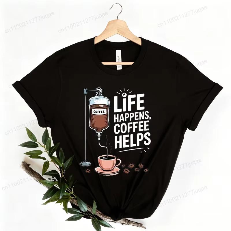 Men Women Coffee Slogan Humorous Animal Graphic TShirt Round Neck Short Sleeve Casual Streetwear Daily Unisex Tops Tees