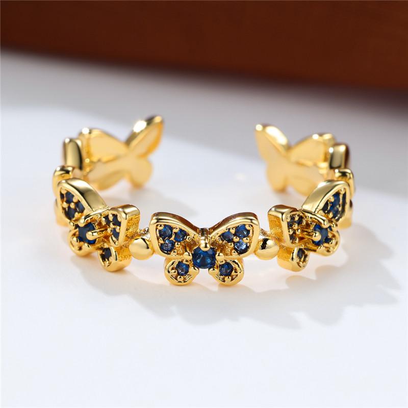 Cute Female Small Green Butterfly Adjustable Ring Vintage Yellow Gold Color Engagement Wedding Jewelry For Women