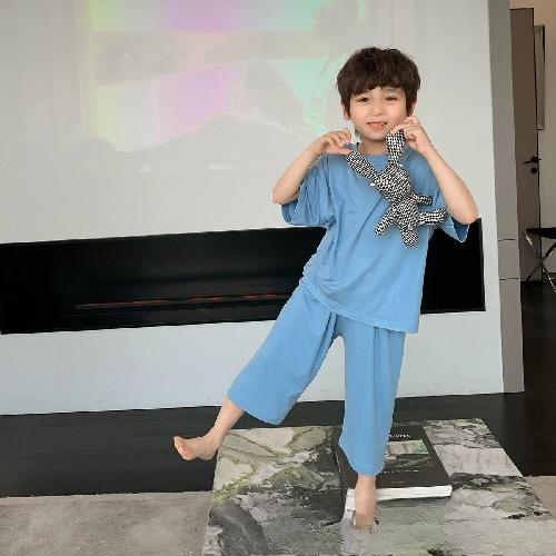

Summer Ice Silk Kids Boy Sleepwear Simplicity Solid Color Children Boy Pajama Set Soft Cotton Breathable Household Clothes 130cm