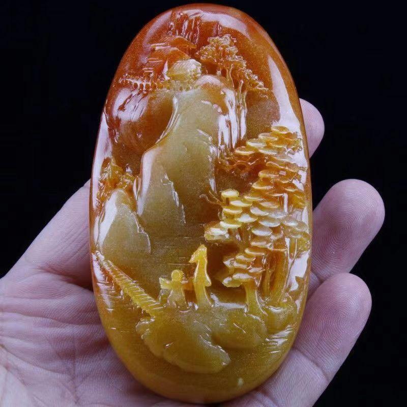 Chinese Antique Huanglong Jade Carving with Landscape Pattern Waist Tag Pendant