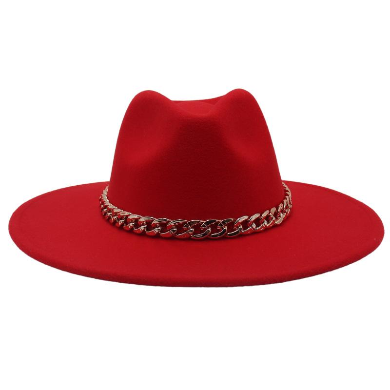 Big Brim Gold Acrylic Chain Felt Hat Solid Color Cashmere Jazz Hat French Top Hat
