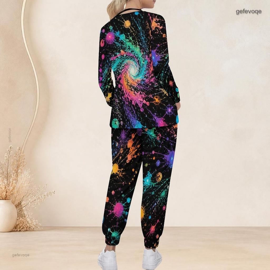 Women Plus Size Colorful Printed V Neck Long Sleeve Nurse Scrub Set With Pockets Top And Long Pants