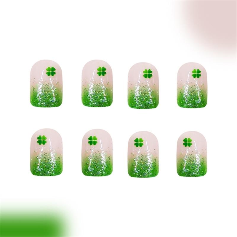 24 Pieces Irish Themed Short False Nail with Green Shamrock Designs Full Cover Acrylic Nail Manicure for Patrick's Day