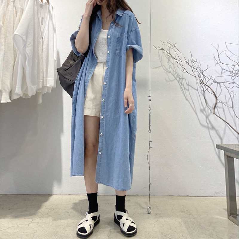 

Женское свободное темпераментное ретро длинное джинсовое платье с коротким рукавом XL синий