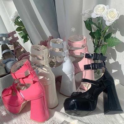 Klobige Plateau-High-Heels Schnallen-High-Heels Pumps mit runder Schleife Damen Dicker Absatz Mary Jane Lolita Knöchelriemen Cosplay-Schuhe