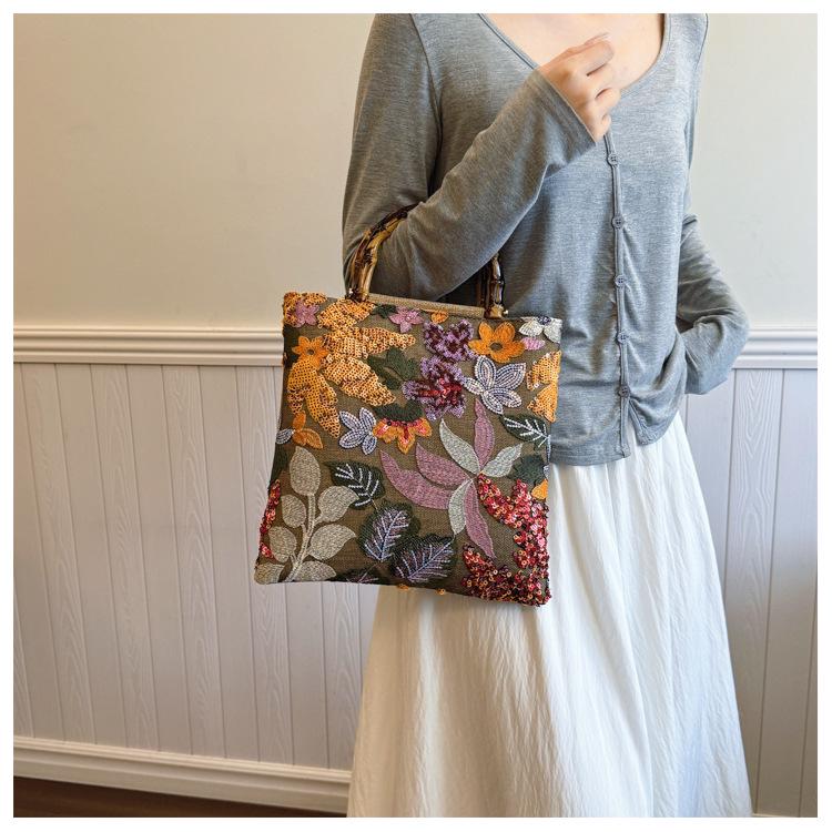 2024 Women's Cross-border Linen Bamboo Handbag with Embroidery and Sequins