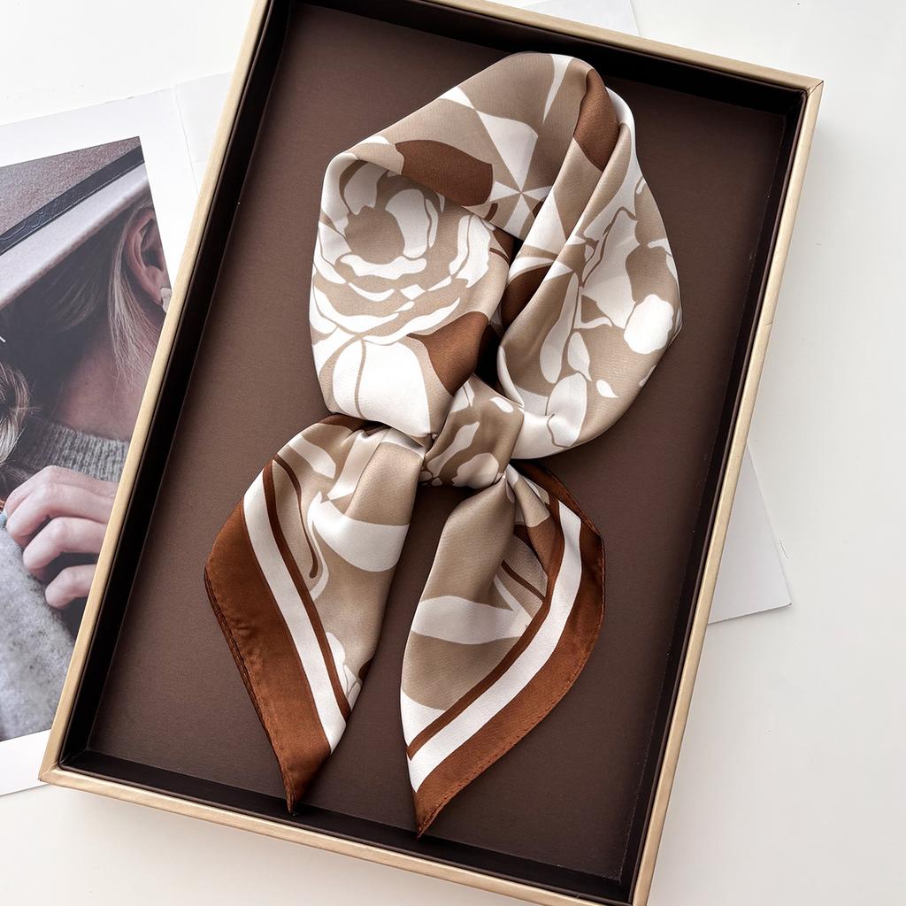 Luxury Floral Square Silk Scarf For Women Print Neck Shawl Warps Elegant Neckerchief Bandanas Hijab Soft Stain Ladies Scarf