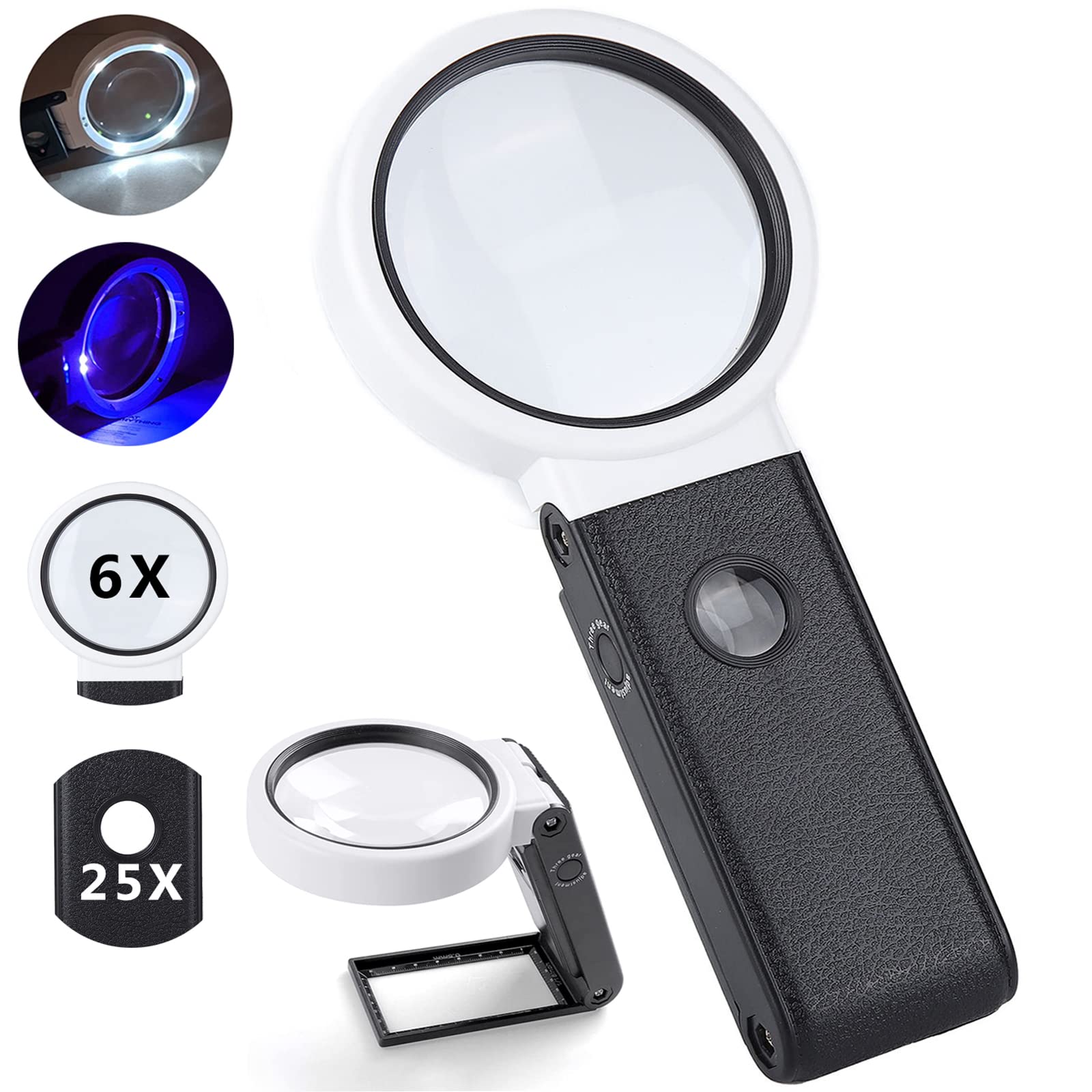 

XGIUINI Handheld Magnifying Glass with Stand and LED Light [6x & 25x Magnification] with 2 Lenses, 5 LED Lights, and Black Light, Foldable for