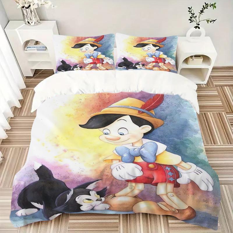 3-teiliges Bettwäscheset mit Pinocchio und Kätzchen-Aufdruck, Weiche und bequeme Bettbezüge für Schlafzimmer, Gästezimmer S078