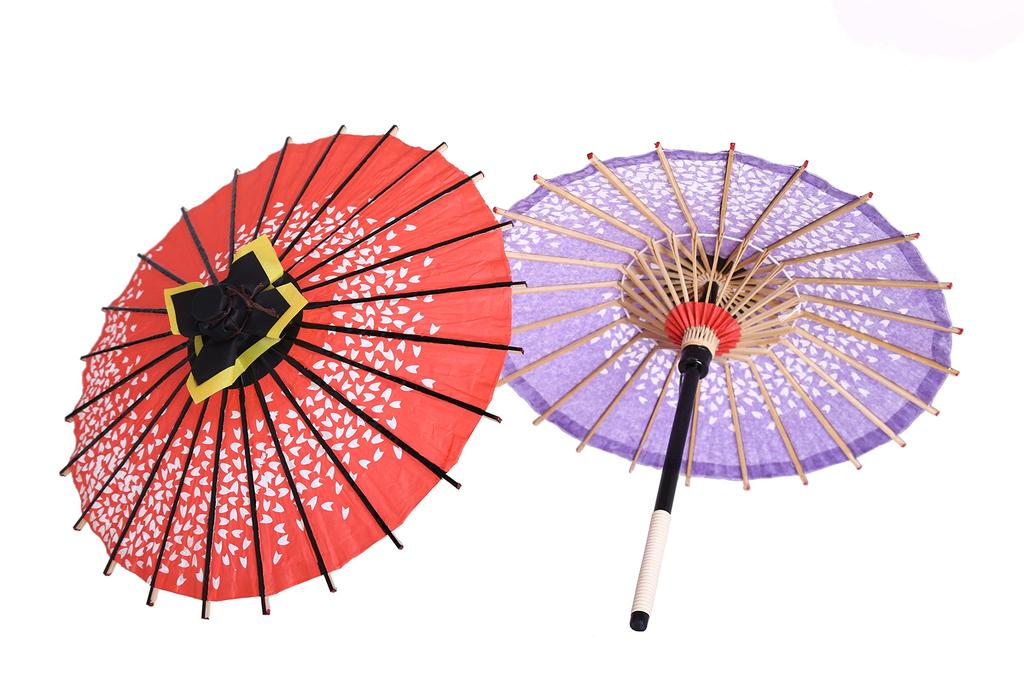 Yamamoto Bamboo Craft Shop Mini Japanese Umbrella Set (2 Umbrellas, 31cm Diameter) - Interior Decor Gift Umbrella (Purple Cherry Blossom Swirl & Red