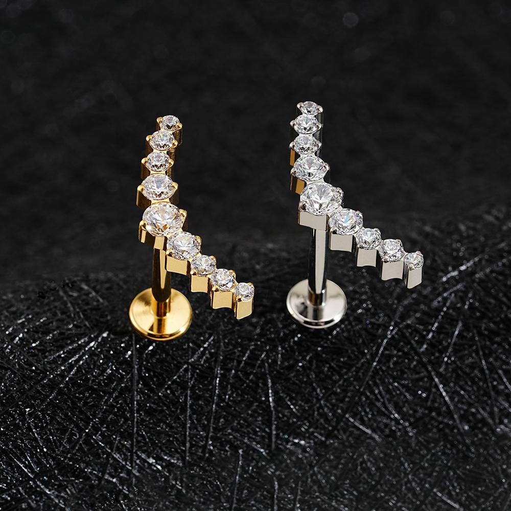 Right Grand ASTM F136 Titanium Arc CZ Cluster Labret Curved Bar Flat Back Stud Earring Helix Cartilage Conch Piercing Jewelry