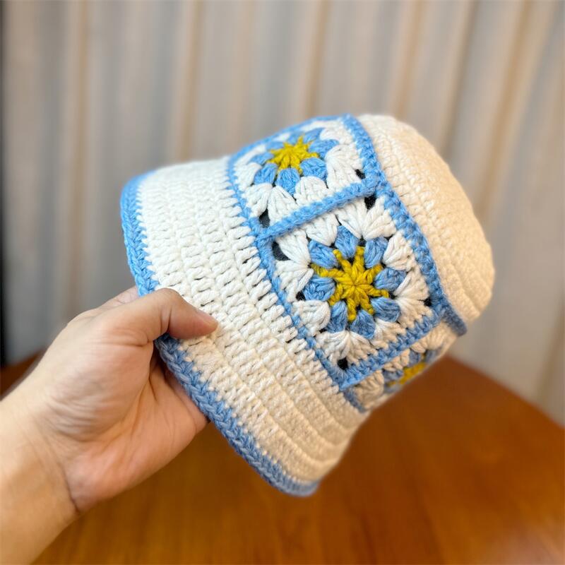 Haken Blume Kontrastfarbe Fischerhut Damen Herbst und Winter Warme Wollmütze Retro Lochstrickmütze Kinder