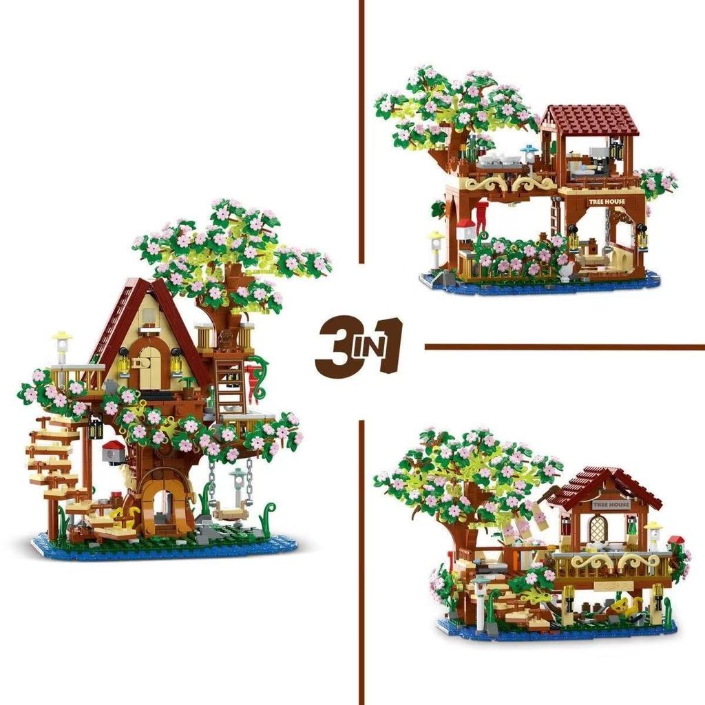 New 959PCS Cherry Blossom Flower Sakura Fantasy Treehouse MOC Architecture Model Assembly Building Block Puzzle Gift for Kid