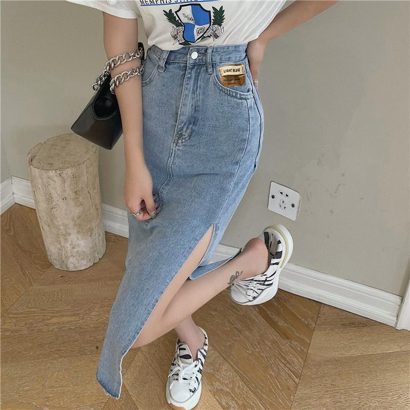 2021 Women's High Waist Slim Fit Denim Midi Skirt with Side Slit