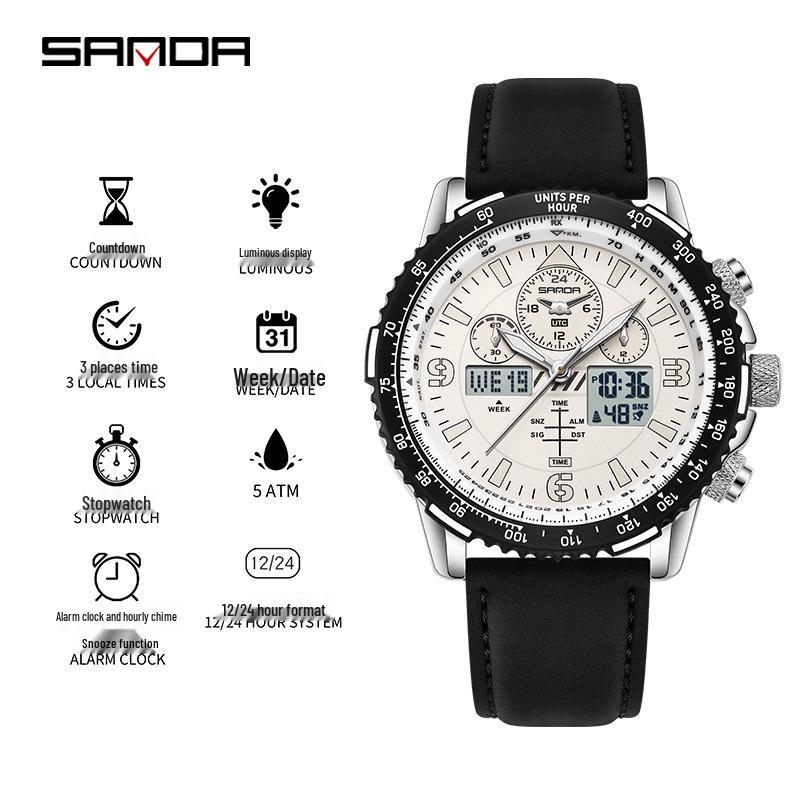 Orologio da polso da uomo Sanda a doppio movimento con display a tre finestre, multifunzioni, cinturino in pelle e acciaio e funzione impermeabile.