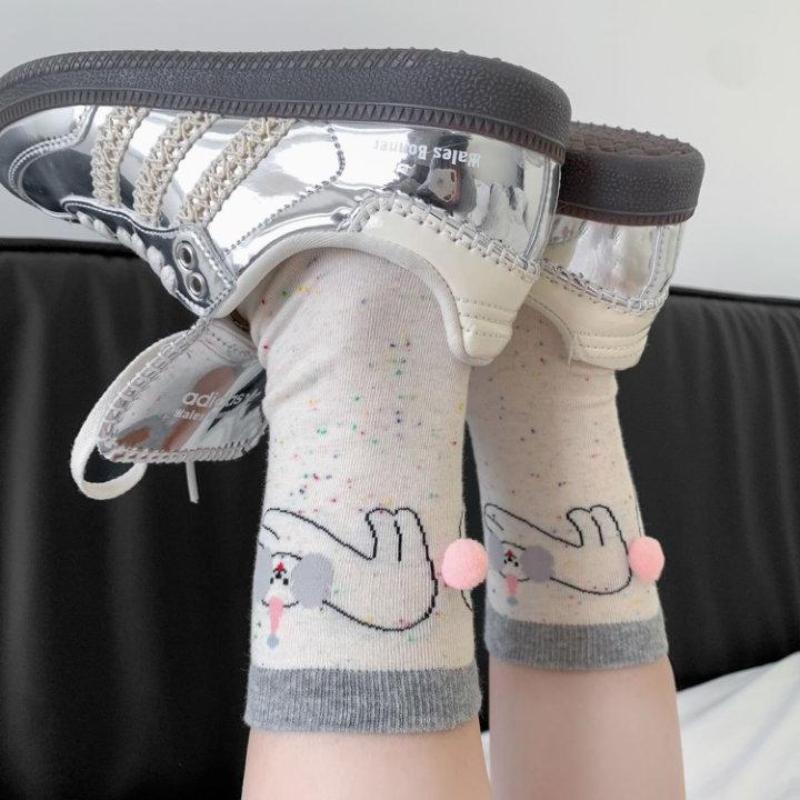 1Pair Cartoon Cute Cat Dog Balls Cotton Socks Kawaii Cat Dog Tinkerbell Egg Print Middle Tube Sock Female Lolita Knitting Socks