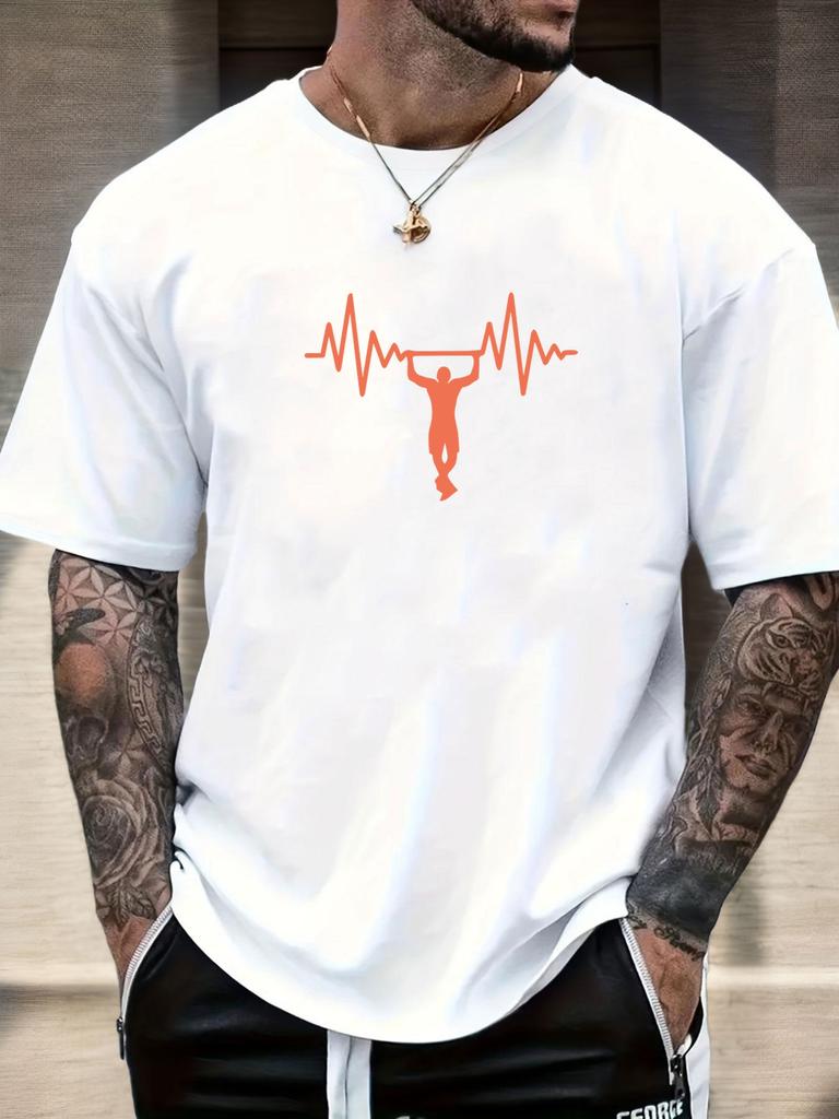 Mens Casual Tshirt Gymnastics Heartbeat Print Short Sleeve Round Neck Breathable Soft Oversized Sporty Daily Tee