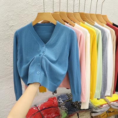 V-neck Short Knitted Cardigan Jacket Women's Spring and Autumn New Black Outer Sweater Long-sleeved Bottoming Shirt Top