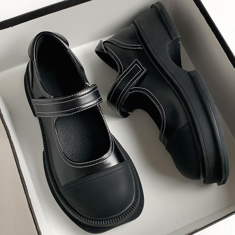 Japanese Thick -Soled Small Leather Shoes Women 'S  Autumn New Shallow Mouth Color Matching Velcro Thick Heel Round Head Mary Jane Shoes