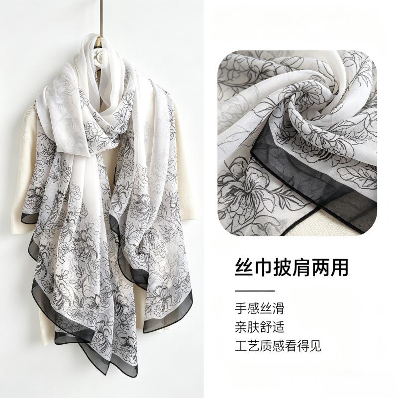 Summer new soft yarn silk scarf large size printed beach scarf rose travel vacation sunscreen scarf spot