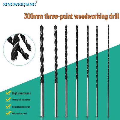 300mm Extended Three-Point Woodworking Drill Bit Set with Holder (4-12mm, 7-Piece)