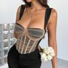 Gilet Corset Baleiné à la Poitrine Patchwork Mesh Blocs de Couleurs Style Européen-Américain Femme