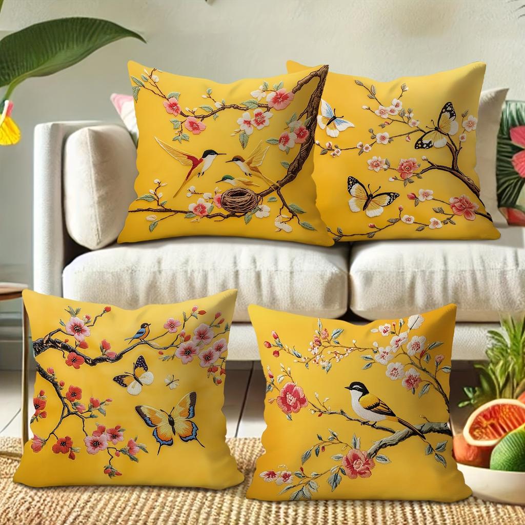 3D exquisite embroidered printed pillow cover, yellow flower, bird and butterfly printed sofa chair cushion cover
