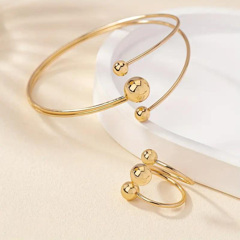 Gold and Silver Small Ball Clip Large Ball Level Bracelet Ring Set Women's Simple Fashion Personalized Wrist Finger Jewelry