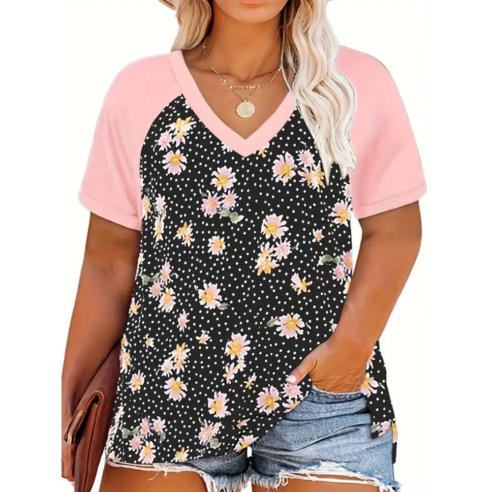 Amazon's new women's crew neck shoulder plug contrasting short-sleeved V-neck T-shirt is casual and versatile