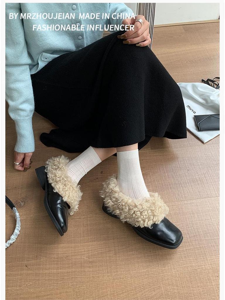 Lässige Blockabsatz Fellige Loafer mit eckiger Zehenpartie - Neue Wintermode Plüsch Lederschuhe