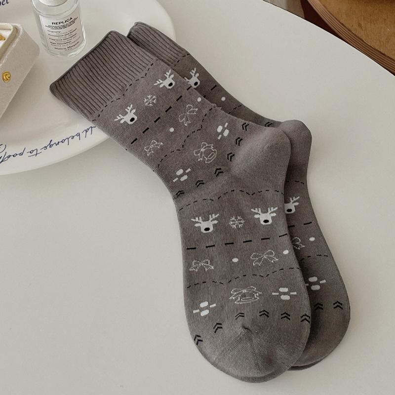 Cartoon Puppy Embroidery Cute Socks Women Autumn and Winter Middle Tube Socks Korean Striped Cotton Knitted Elastic Long Socks