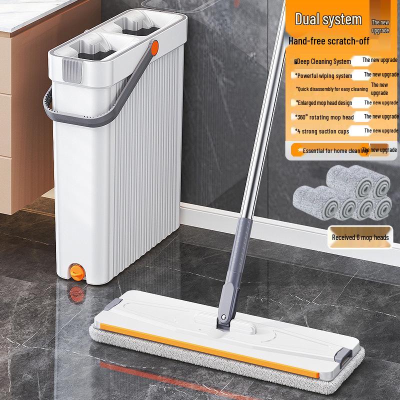 Kompaktes Wischmop- und Eimer-Set: Freihändiger Wasch- und Trocken-Flachmopp mit Schmalspalt-Schaber