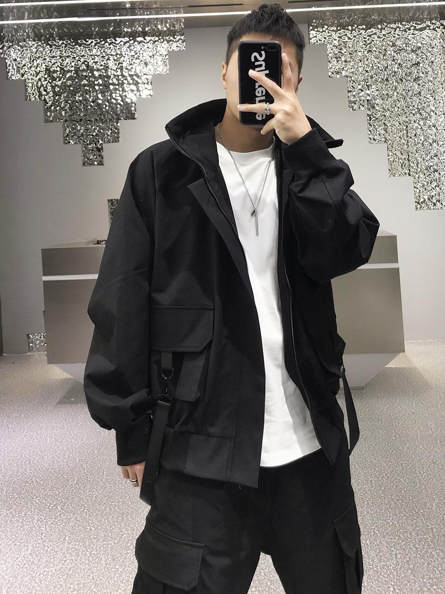 

Модная мужская куртка с капюшоном и несколькими карманами — стиль весна/осень, свободный крой, в стиле хип-хоп, функциональная рабочая одежда XL чёрный