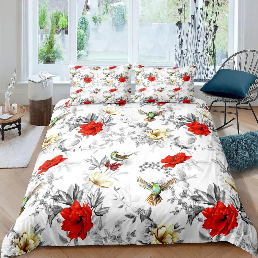 Pink Peony Duvet Cover Set Tulips Flowers Comforter Cover For Girls Women TwinFlorals Blossoms Botanical Plants Bedding Sets